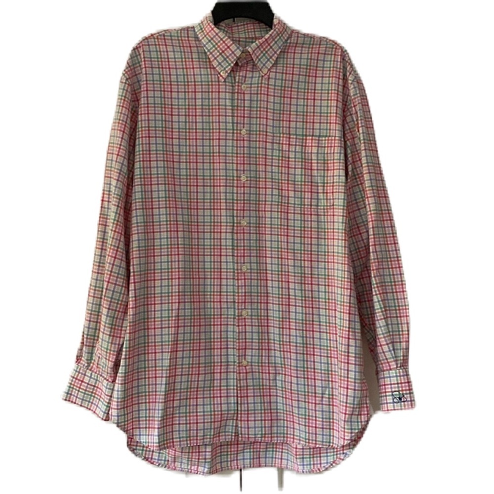 Peter Millar Pastel Pink Blue Check Plaid Long Sleeve Button Up Shirt Size Large